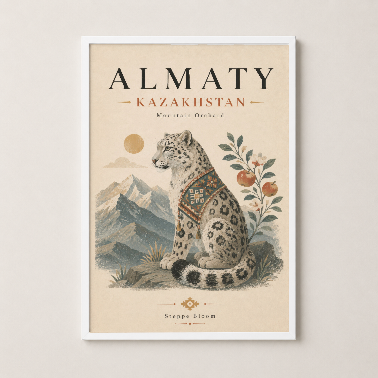 Beyaz çerçeveli Almaty sanat tablosu, bohem stilinde leopar ve botanik elemanları içeren şık duvar dekorasyonu.