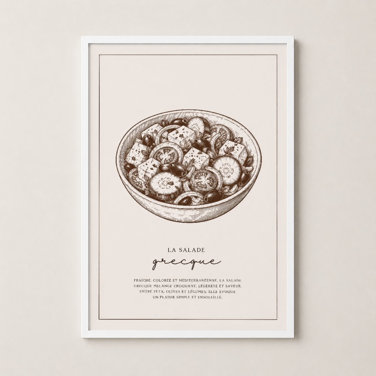 Beyaz çerçeveli gourmet salatası posteri, sakin dekorasyonlara minimalist elegans getiriyor.