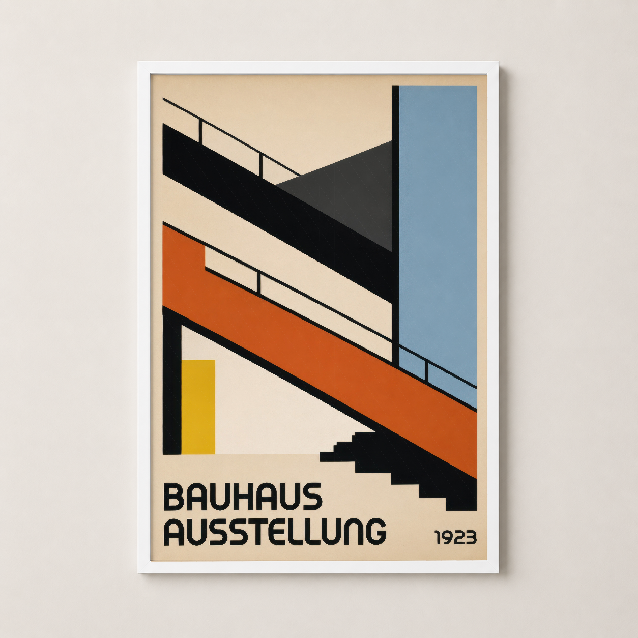 Beyaz çerçeveli ikonik Bauhaus sergisi poster tablosu, soyut mimar formu ve 1923 dönemi tasarımı.