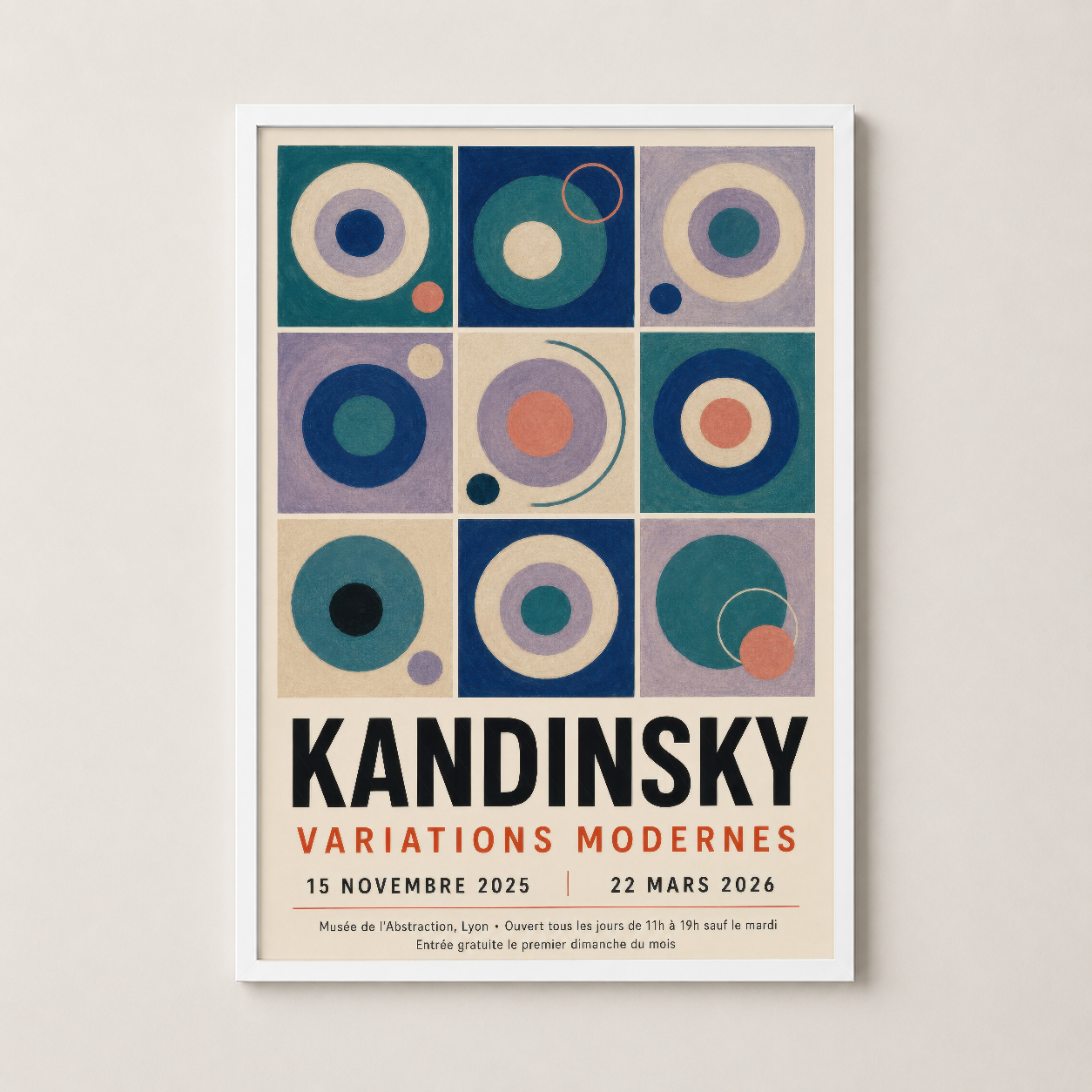 Beyaz çerçeveli Kandinsky posteri, renkli geometrik desenleriyle modern iç mekanların minimalist estetiğini tamamlayan sanat