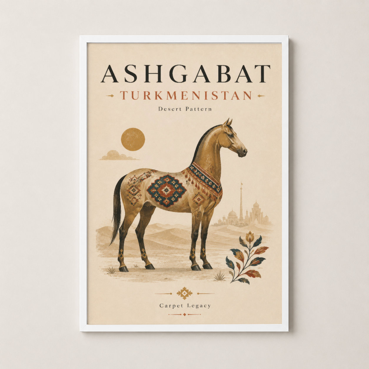 Ashgabat Türkmenistan koleksiyonundan at posteri, beyaz çerçevelenmiş, modern duvar sanatı.