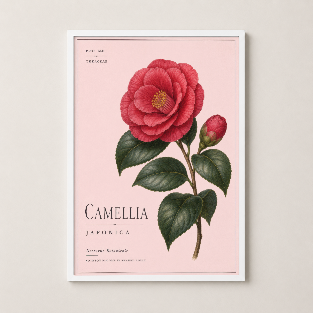 Beyaz çerçeveli sanat baskısı, kırmızı Camellia çiçeği ve botanik detaylarıyla zarif dekorasyona.