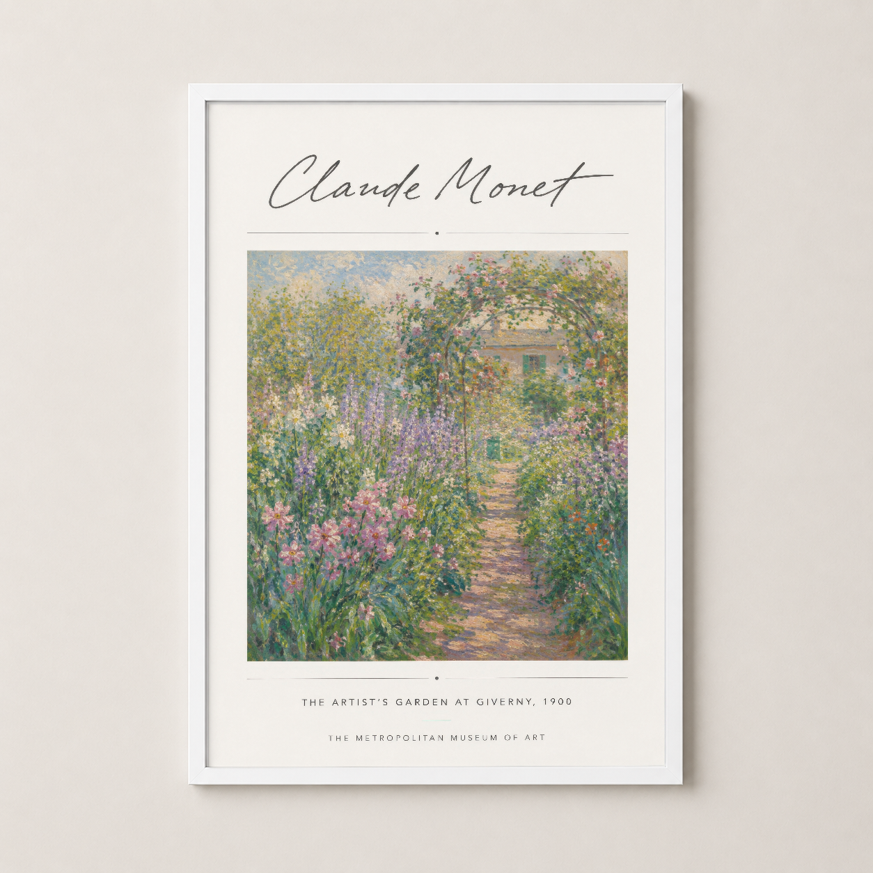 Beyaz çerçeveli Monet imzalı tablosu, parlak çiçek bahçesi sahnesiyle modern duvar dekorasyonu.