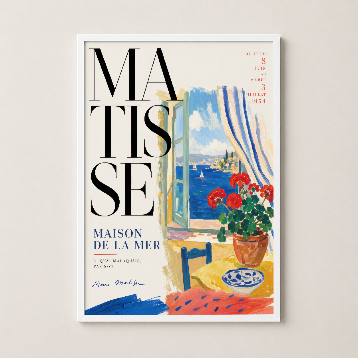 Beyaz çerçeveli klasik Matisse sanat eseri, geleneksel bir oturma odasının duvarında vintage poster tarzında sergilenmesi.