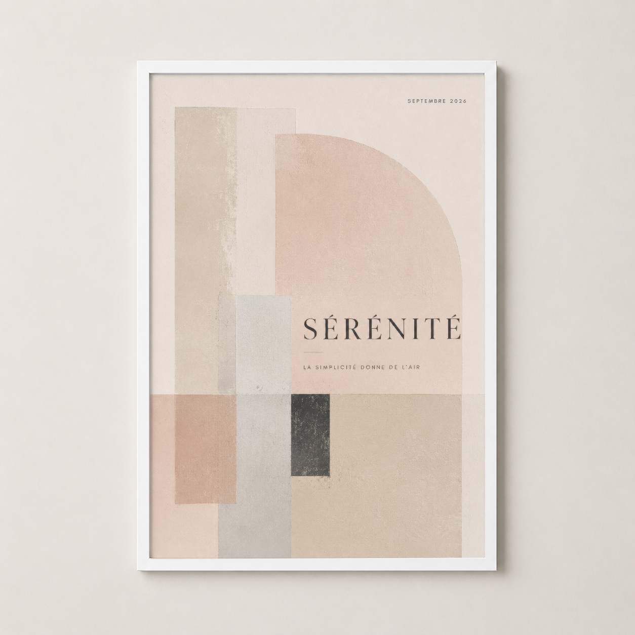Beyaz çerçeveli Sérénité duvar sanatı, soyut şekiller ve sakin renk paletinde minimalist tasarım ile iç mekanları tamamlıyor.