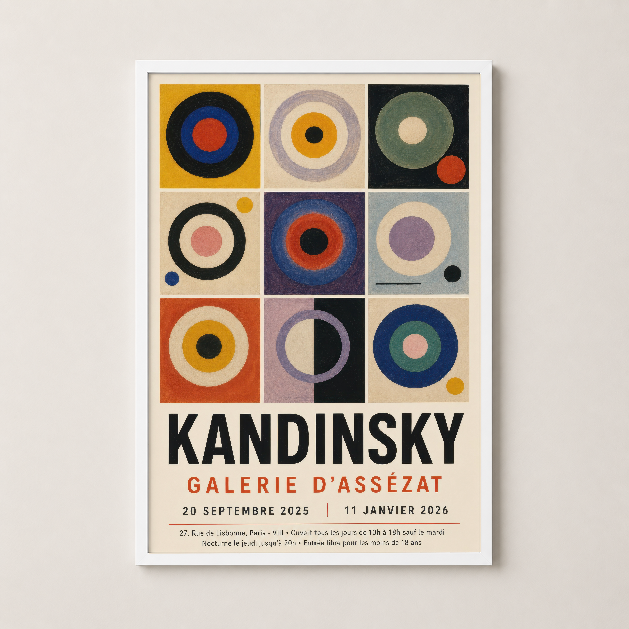 Kandinsky sergisi tablosu, beyaz çerçeveli, sanat deco tarzı geometrik kompozisyon ve desen.