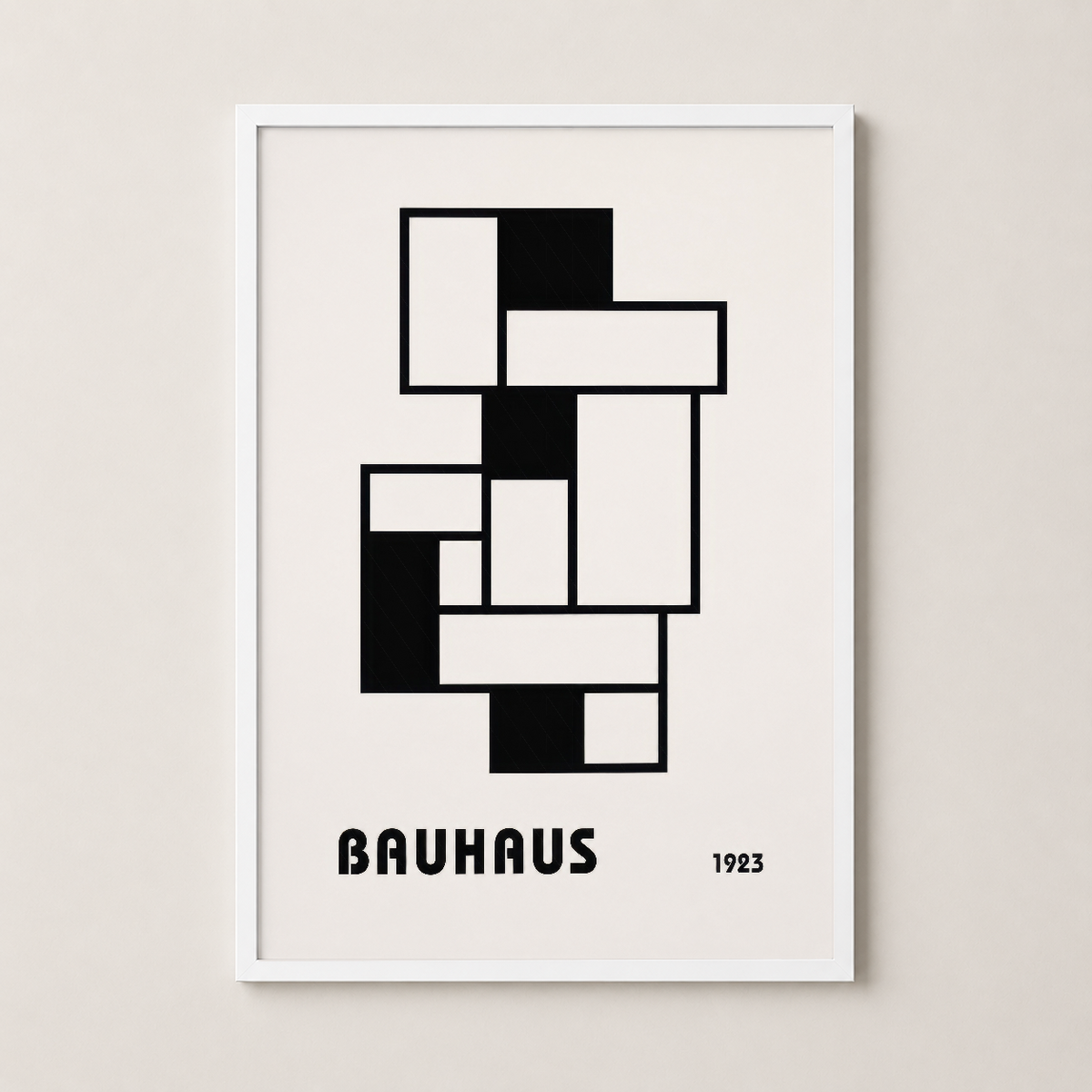 Bauhaus 1923 poster, beyaz çerçevede, minimalist geometrik tasarımın saflığını vurgulayan duvar sanatı.