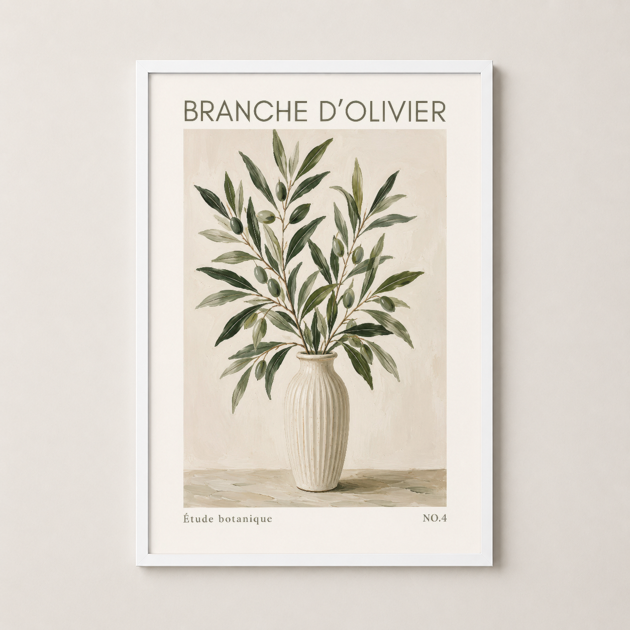 Beyaz çerçeveli poster, vintage botanik çalışması stilinde zarif zeytin dalı sanat eseri.