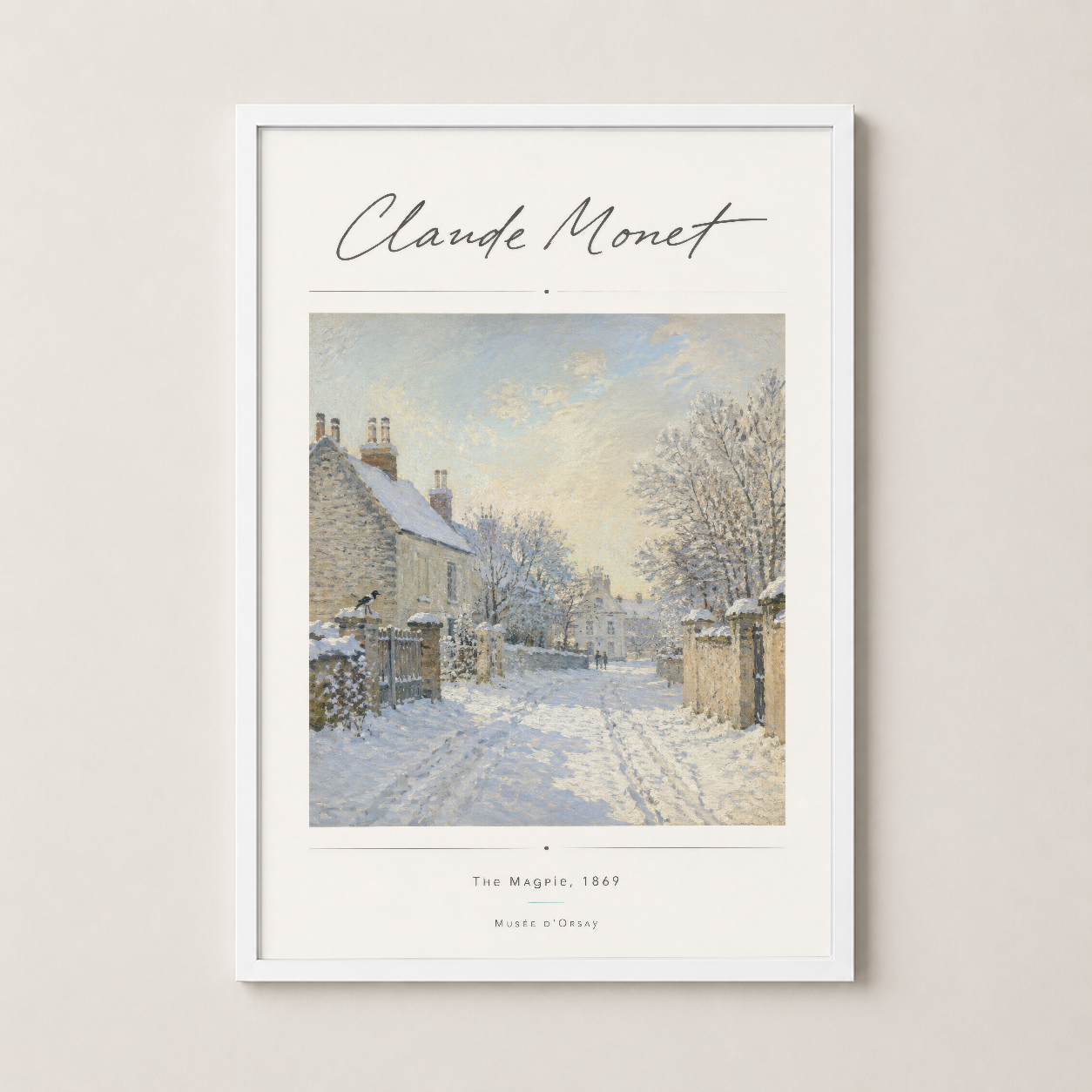 Monet'nin kış sahnesi, beyaz çerçeveyle sunulan klasik sanat posteri, minimalist tarz.