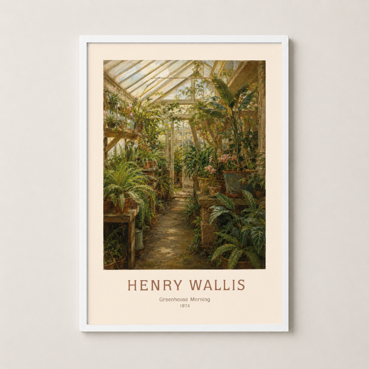 Beyaz çerçeveli Henry Wallis tablosu, vintage seranın sakin, meditativ atmosferini modern dekorla sunan poster.