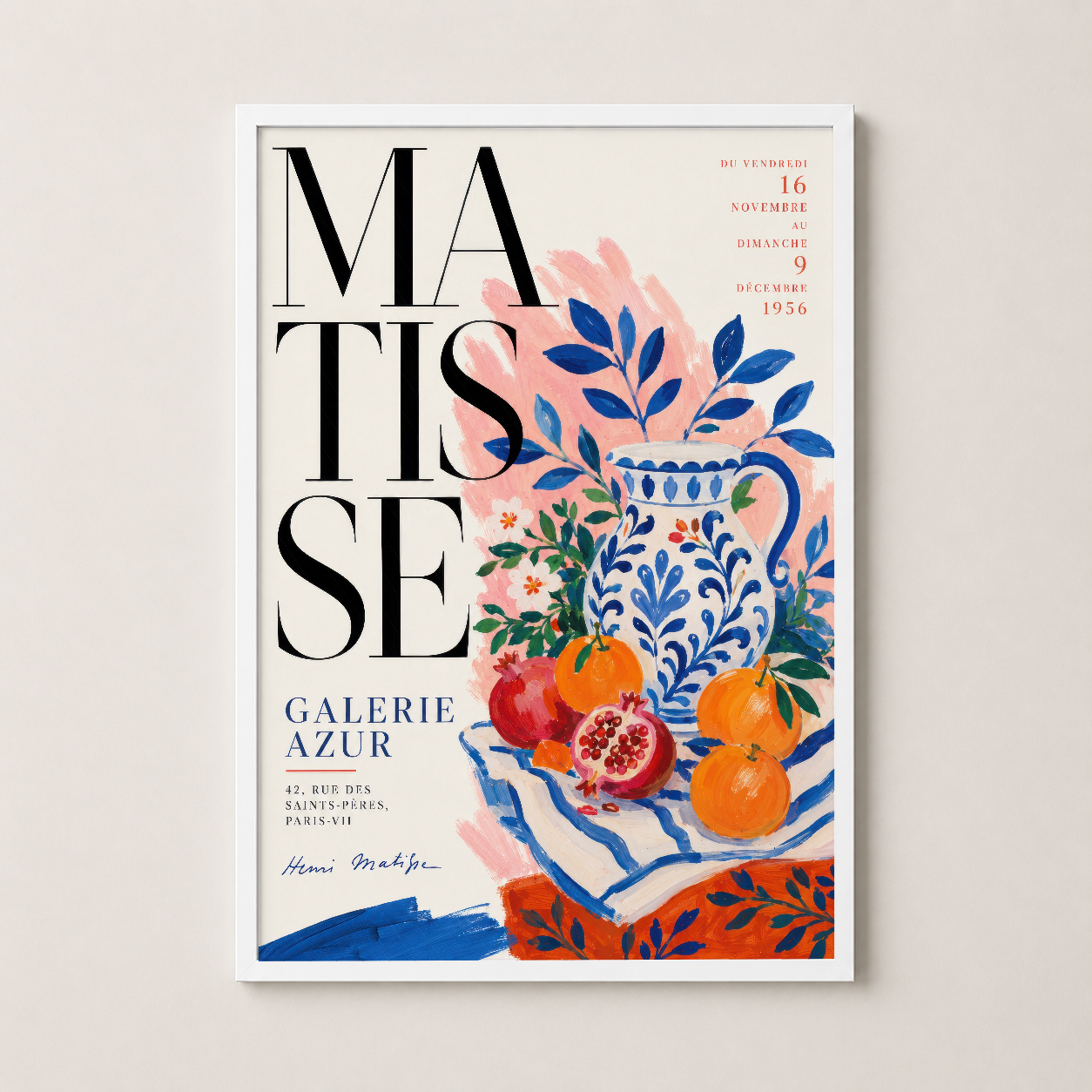 Matisse Galerie Azur tablosu beyaz ahşap çerçevede, klasik ve temiz görünümle odaya zarif dokunuş.