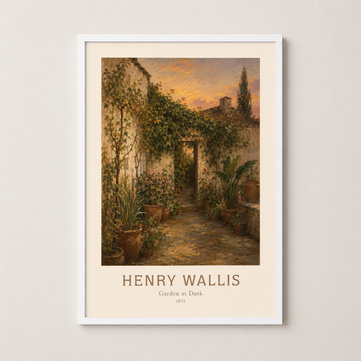 Beyaz çerçeveli Henry Wallis tablosu, ağaran gökyüzü altında tenha bir bahçe yolunun sakin güzelliğini sunan.