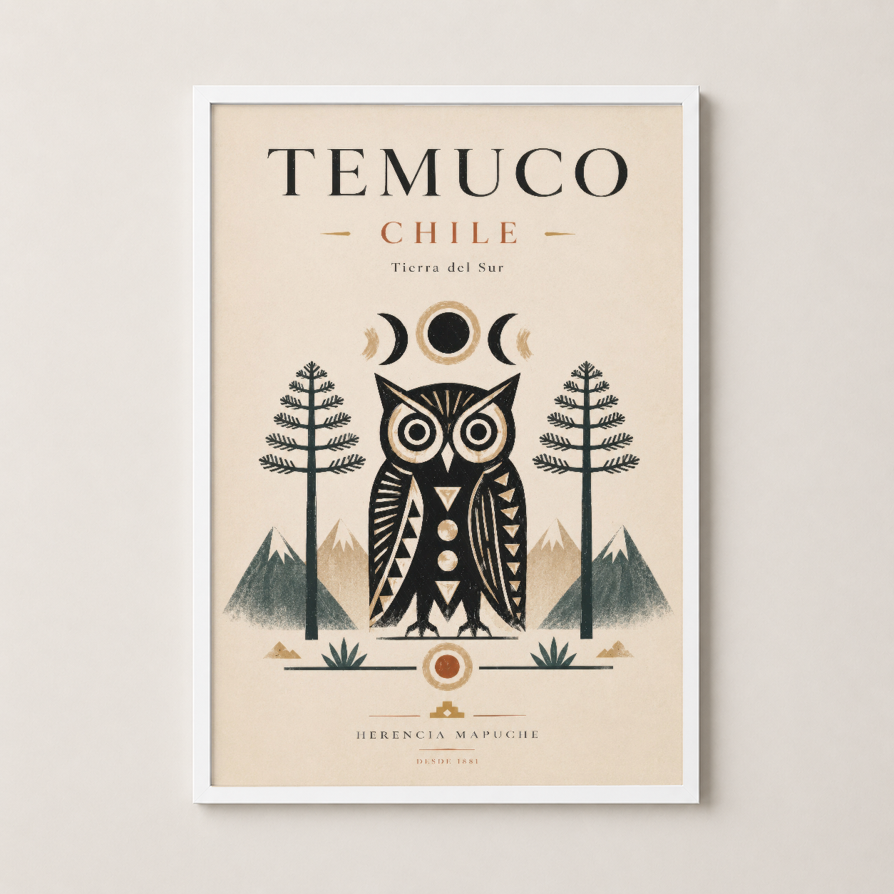 Temuco Chile sanat baskısı beyaz çerçevede, etnik tasarımlı minimalist duvar dekorasyonu.