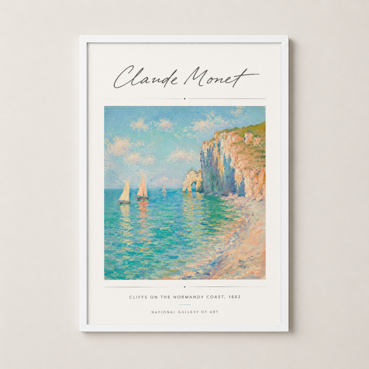 Monet'in Normandiya manzarası, beyaz çerçevede klasik sanat posteri.