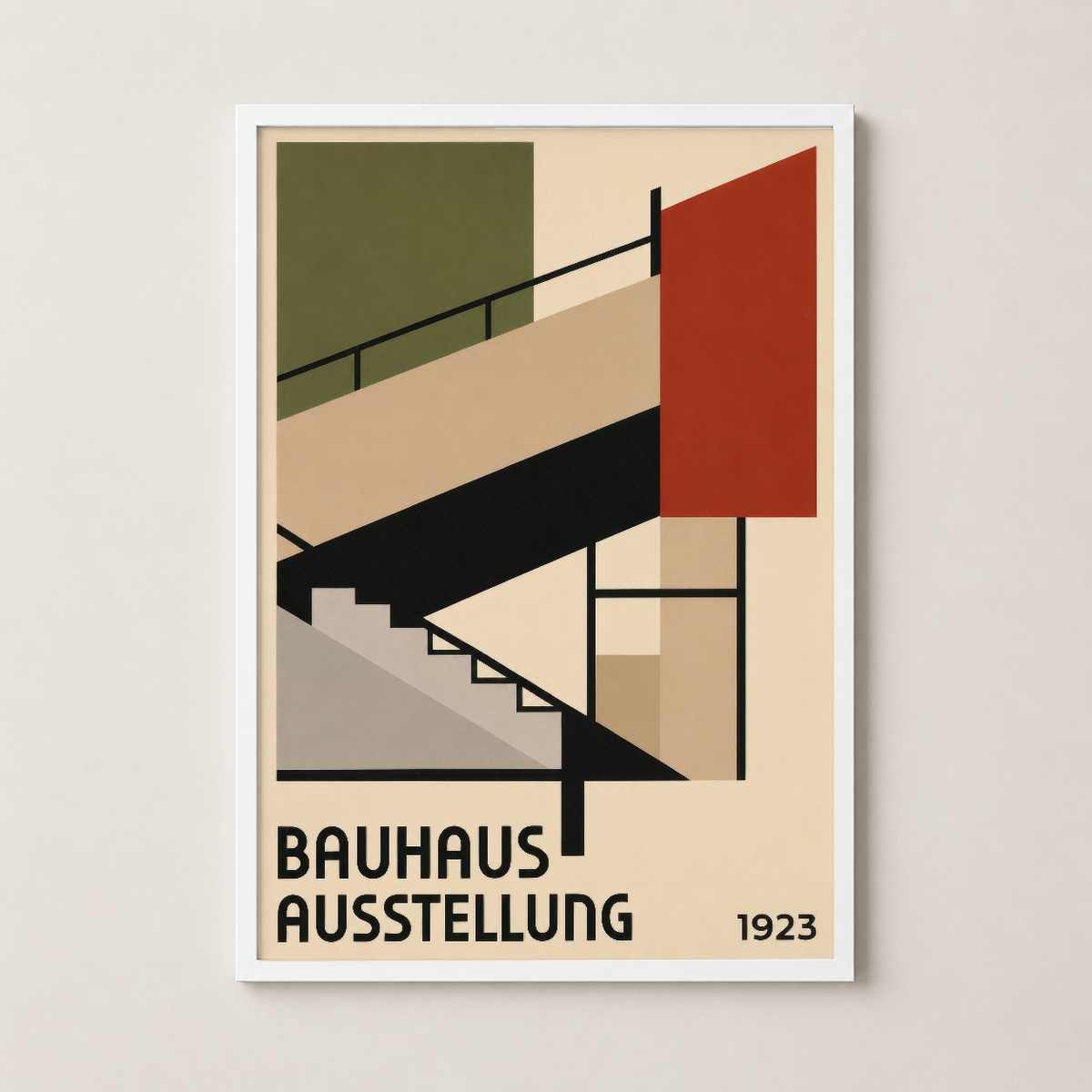 Bauhaus Ausstellung posterinin beyaz çerçeveli versiyonu, minimal ve çağdaş dekor için retro sanat tablosu.