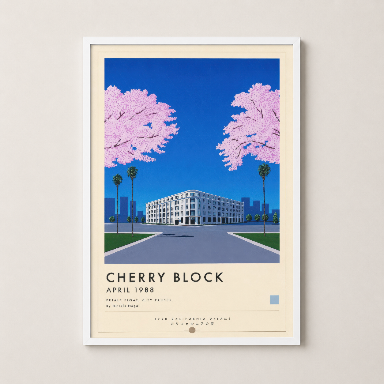 Beyaz çerçeveli, pembe kiraz ağaçları ve mimar yapı tasarımlı retro modern sanat tablosu.