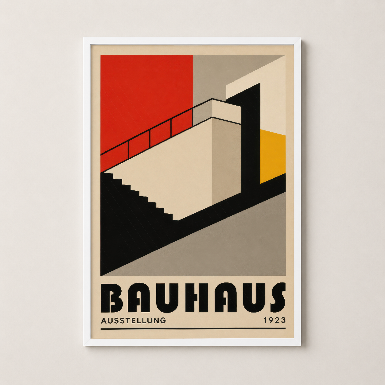 Bauhaus 1923 posteri beyaz çerçeveli duvar tablosu, geometrik mimarinin sanatsal yorumuyla şık dekorasyon.