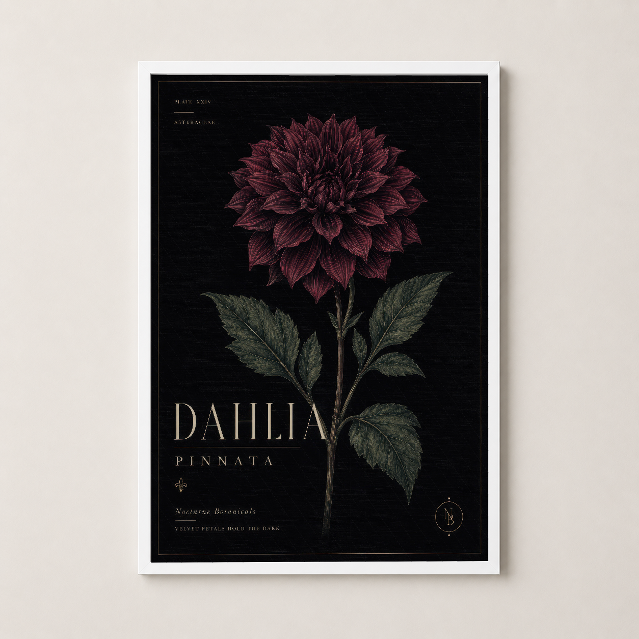 Beyaz çerçevede, botanik dahlia tasarımlı modern duvar sanat parçası.