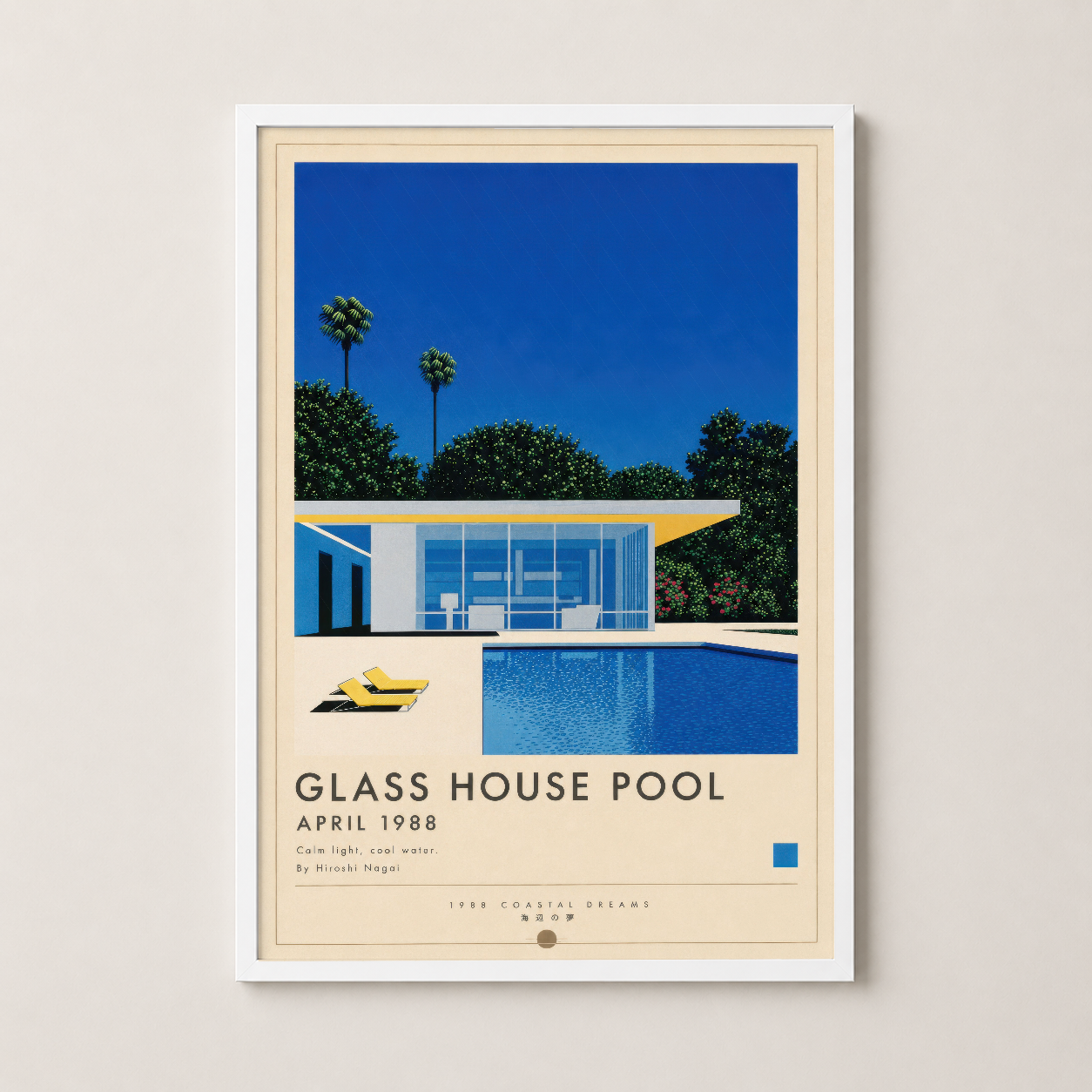 Glass House Pool tasarımı beyaz çerçevede, parlak renkleri ve geometrik şekilleriyle oturma alanına sakinlik getiren sanat.