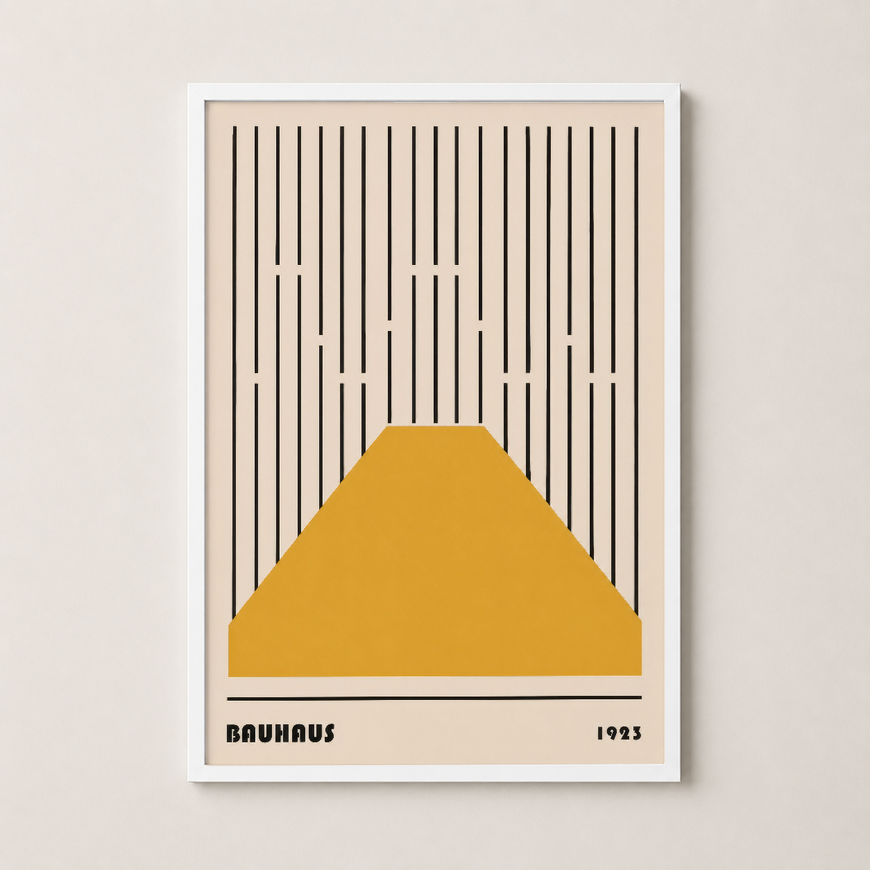 Beyaz çerçeveli vintage Bauhaus posteri, sarı tepe ve çizgili soyut sanat tasarımı.