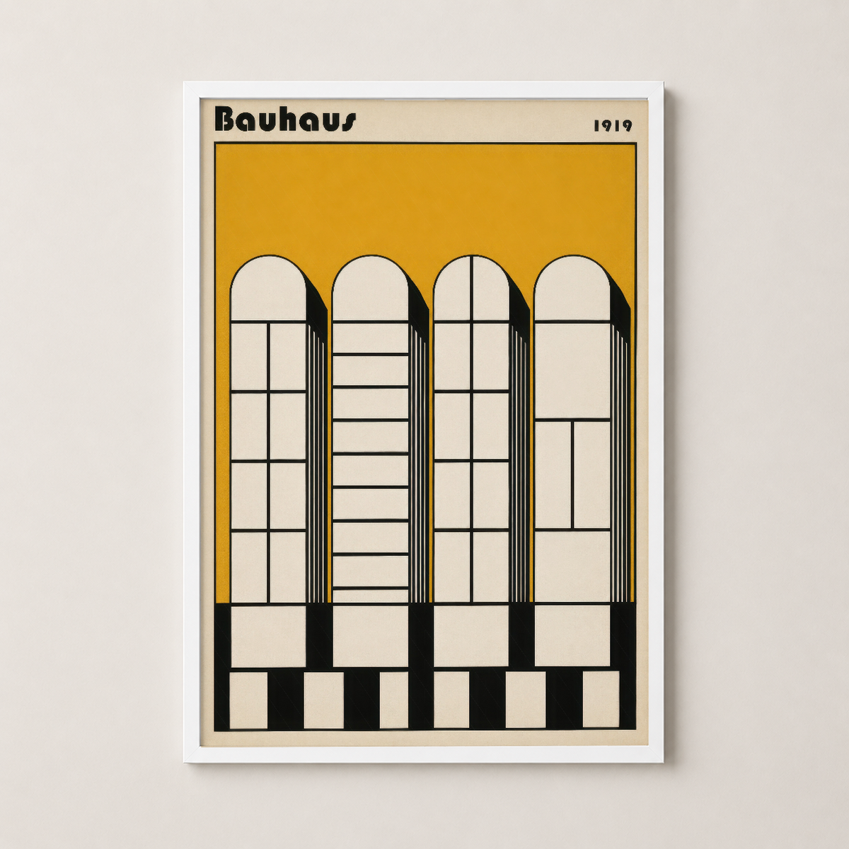 Bauhaus pencere motifi tablosu, beyaz çerçeveli, sanat deco stili ile çağdaş dekorasyonu harmanlayan poster.