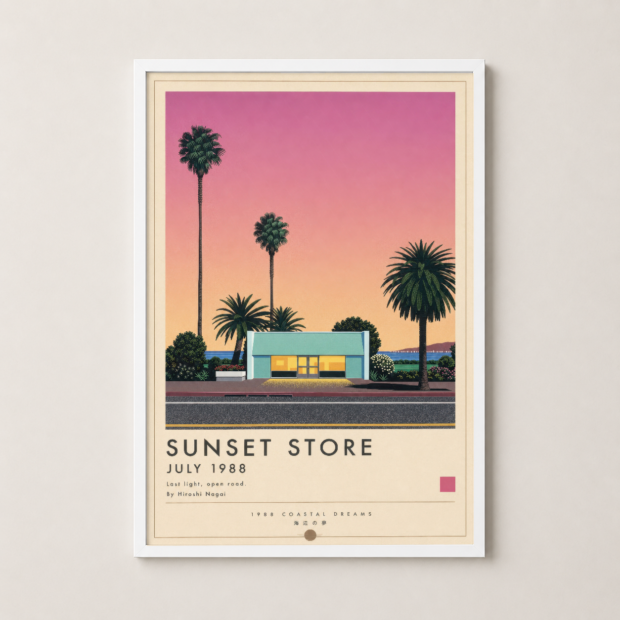 Beyaz çerçeveli Sunset Store posteri, minimalist iç tasarımda duvar dekorasyonu olarak asılmış 1988 vintage illüstrasyonu.
