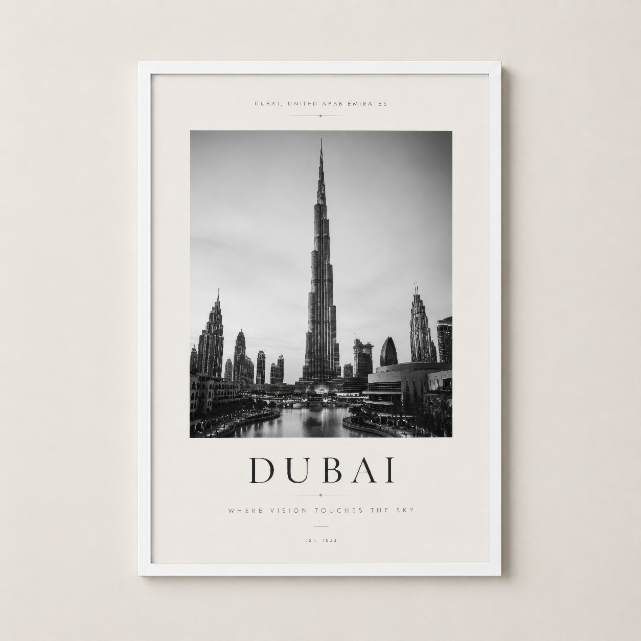 Dubai manzarası beyaz çerçeveli duvar tablosu, şehir manzarası posteri dekorasyonu.