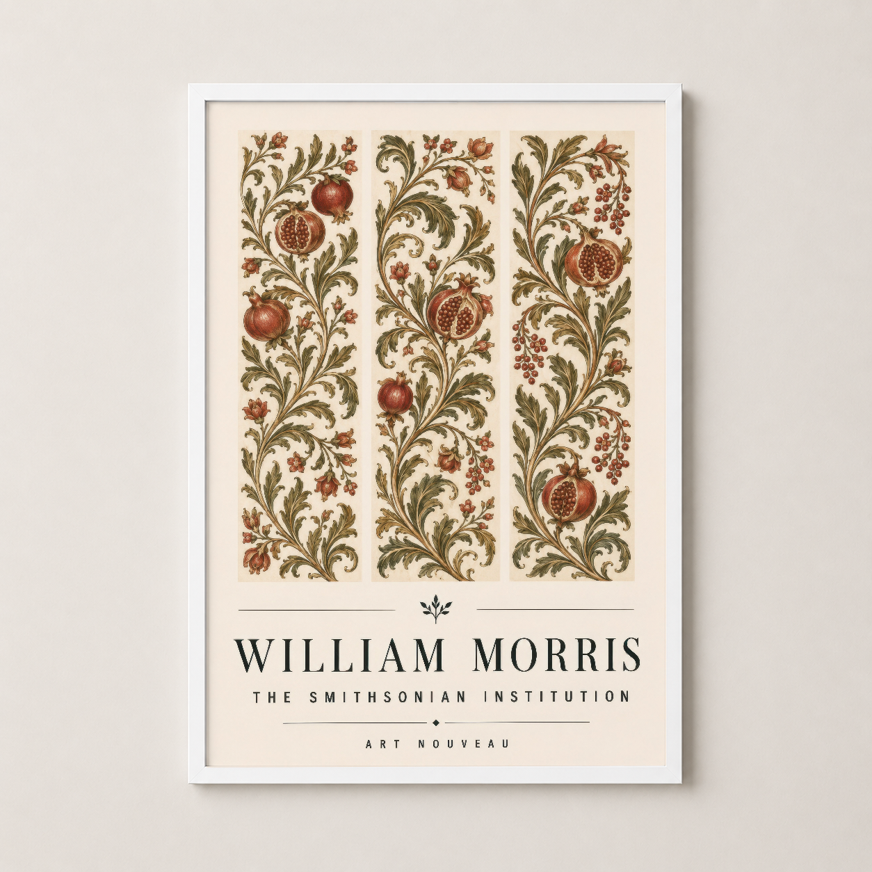 Beyaz çerçevede, William Morris'in klasik nar ve yaprak motifli sanat baskı tablosu.