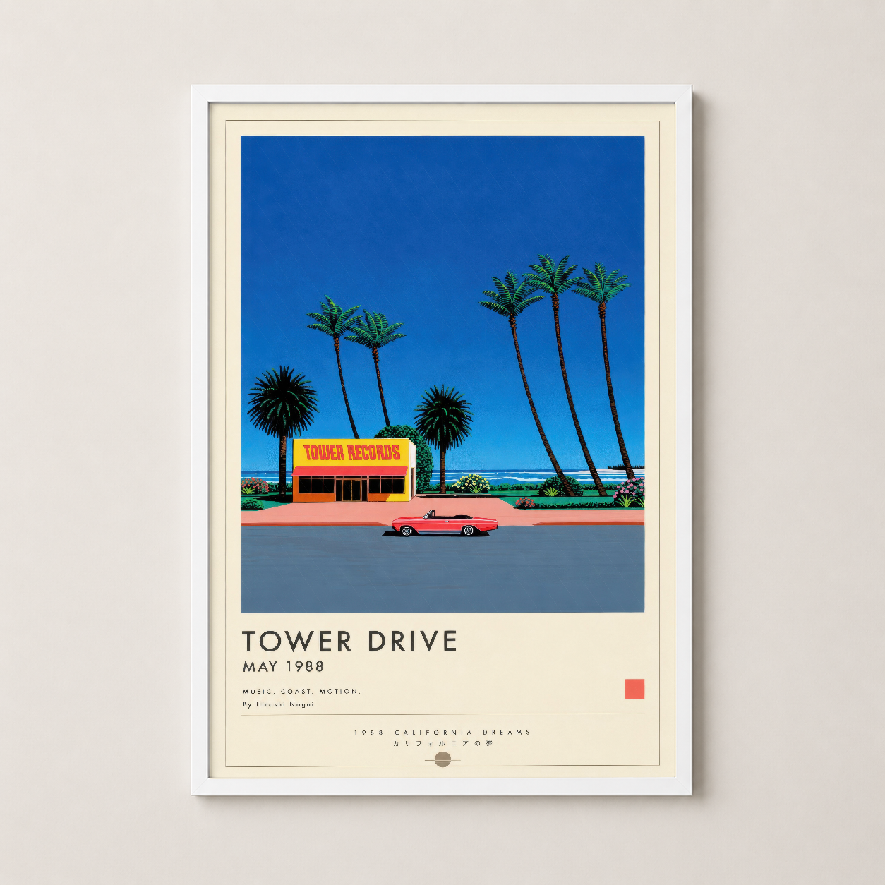 Beyaz çerçeveli ve çift mat'le sunulan Tower Drive tablosu, 1988 California Dreams koleksiyonundan vintage estetik taşıyan