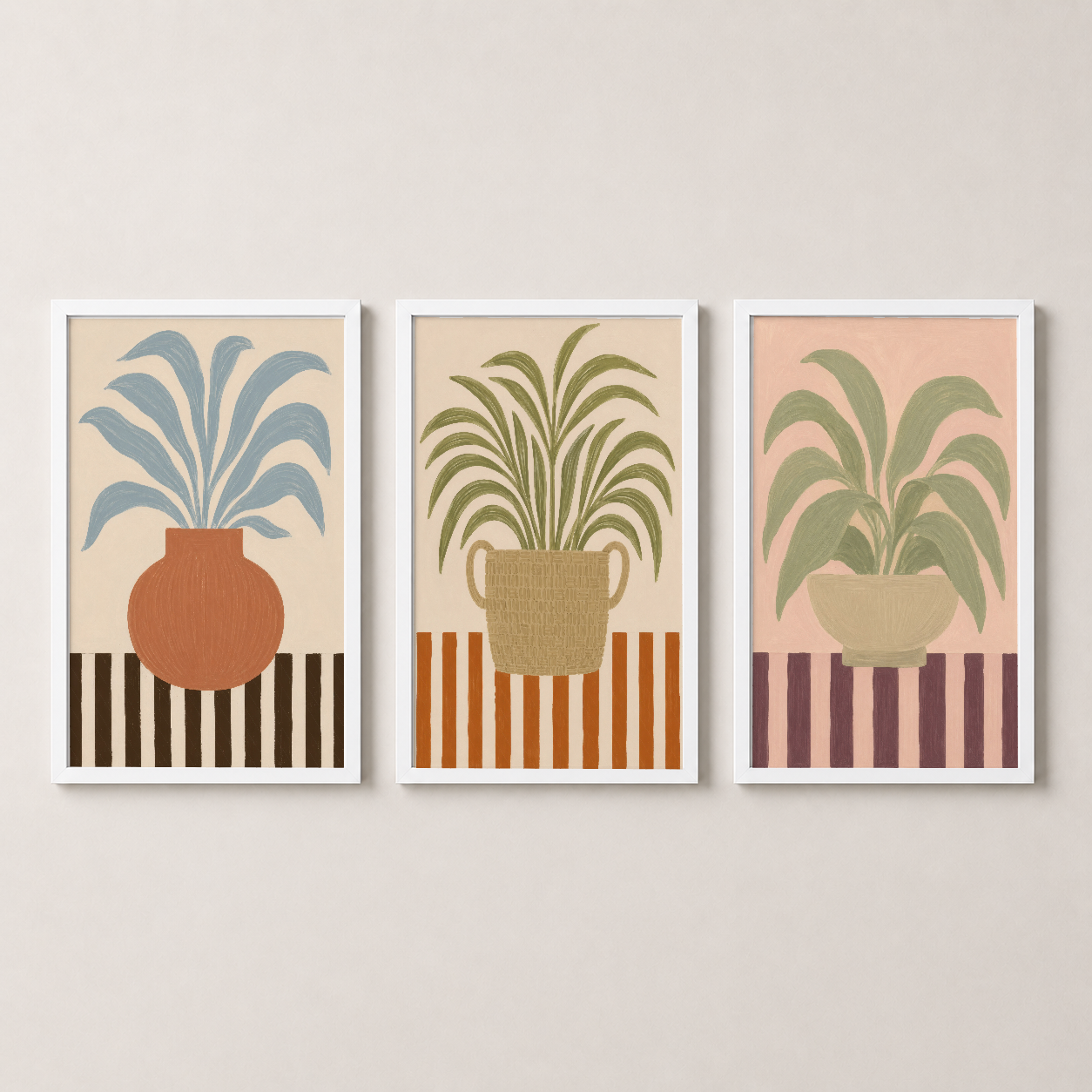 Beyaz çerçeveli üç adet art print, sanat deco bitkili desenler ve canlı renklerle contemporary iç mekan dekorasyonu