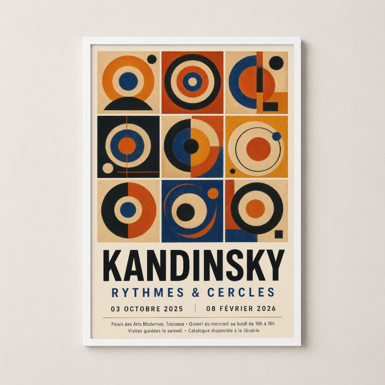 Kandinsky poster beyaz çerçevede, geometrik çemberler ve soyut formların harmoniyle dekoratif sanat tablosu.