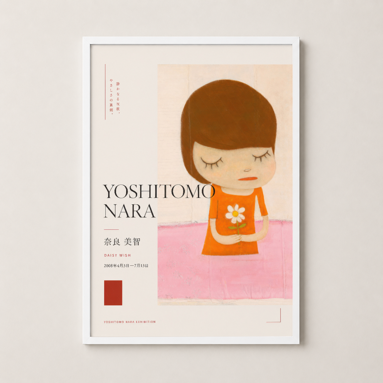 Yoshitomo Nara tablosu beyaz çerçeveli, yumuşak renk paletinde çizgi roman şekilli karakter ilustrasyonu, minimalist duvar