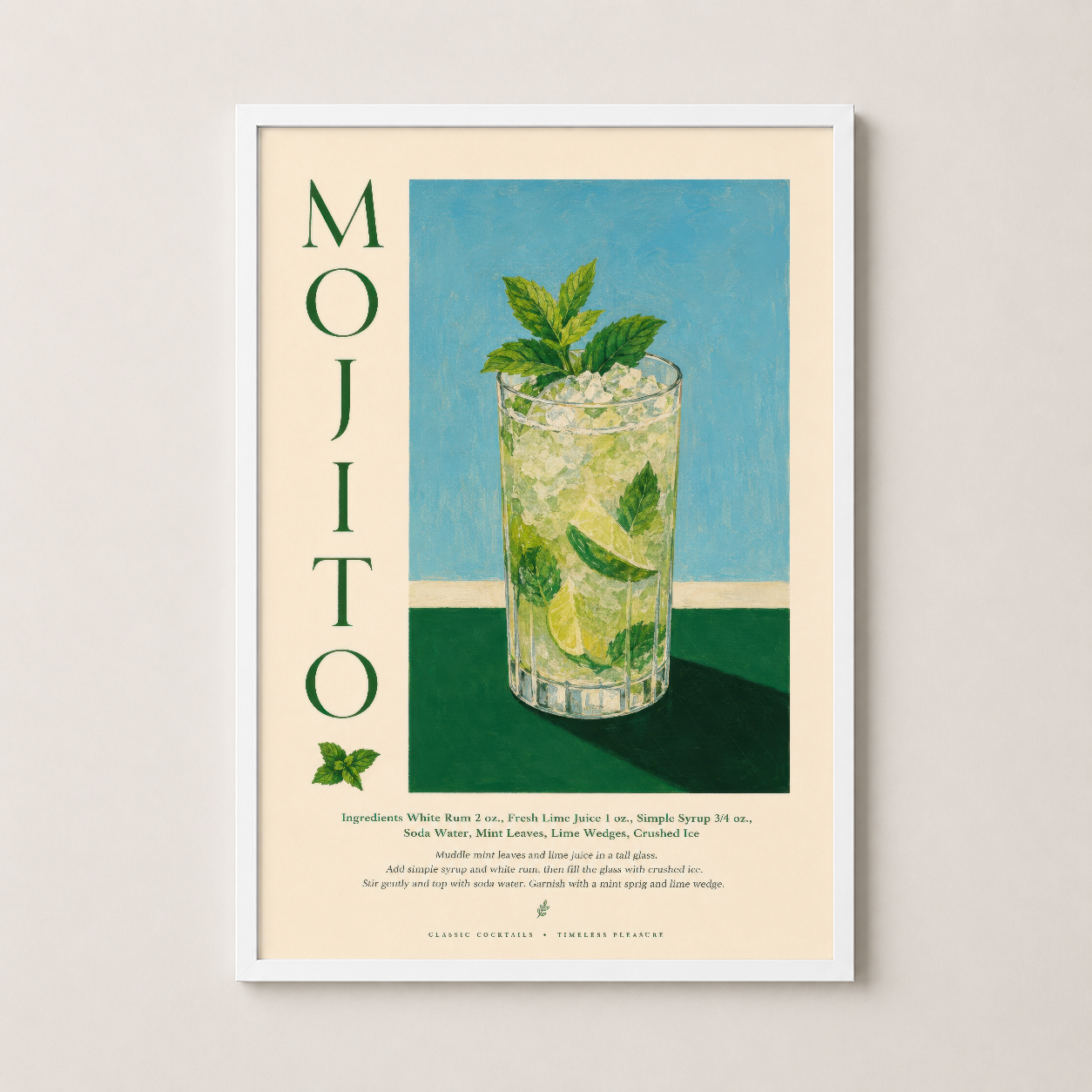 Beyaz çerçeveli Mojito tasarımı, modern bir alanı tamamlayan zarif vintage kokteyl posteri.