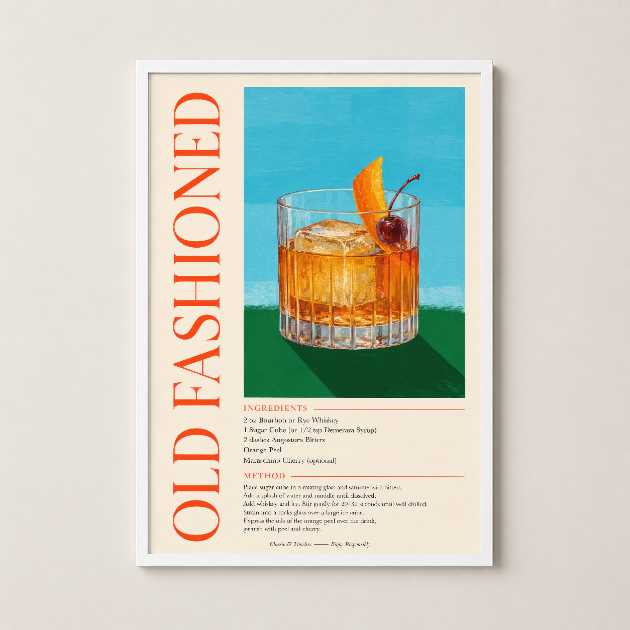 Old Fashioned kokteli posterinin beyaz çerçeveli şık duvar tablosu