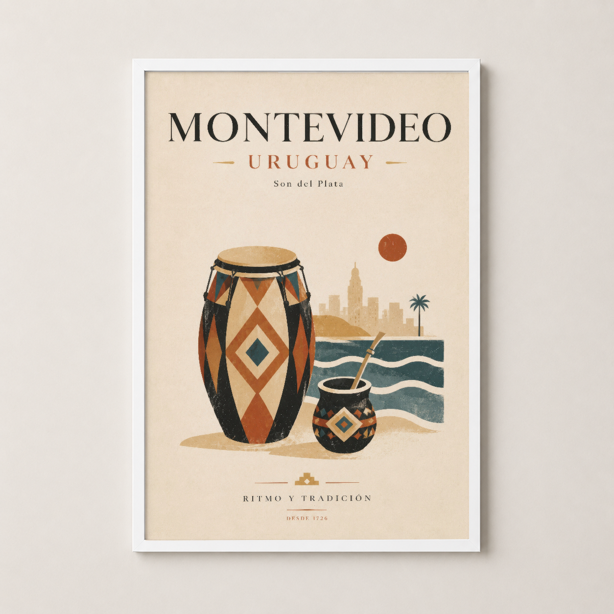 Beyaz çerçeveli Montevideo tablosu, minimalist iç dekorasyonda etnik unsurların zarif temsili.