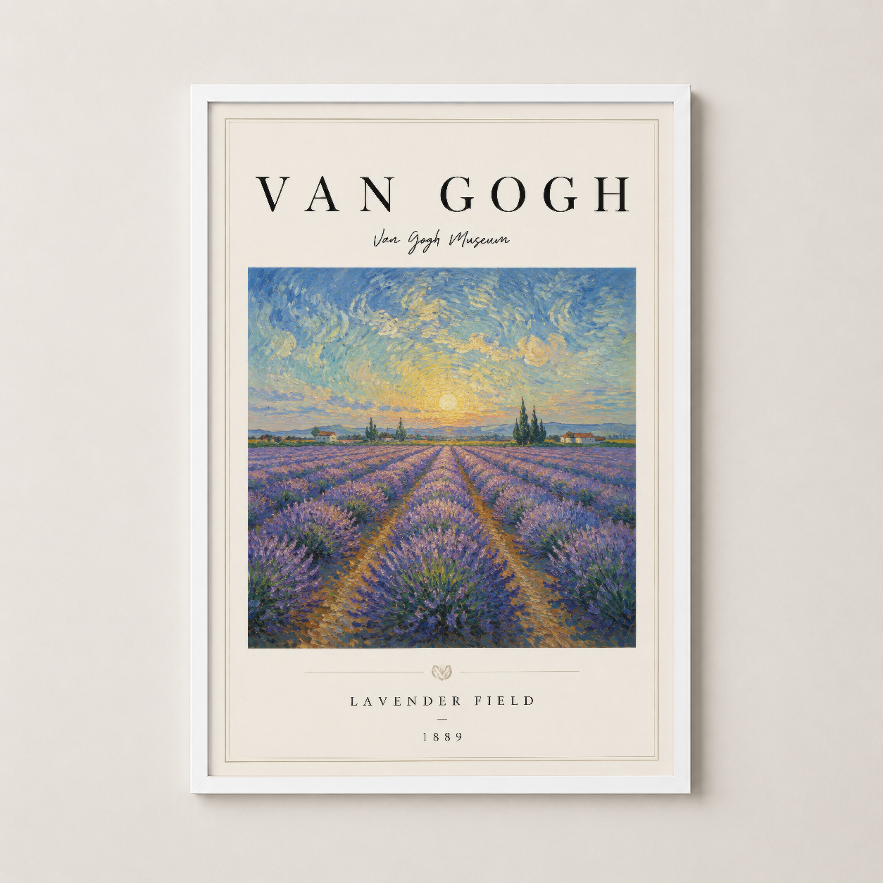Van Gogh Lavanta Tarlası tablosu beyaz çerçevede, zarif müze poster formatında sergileniyor.