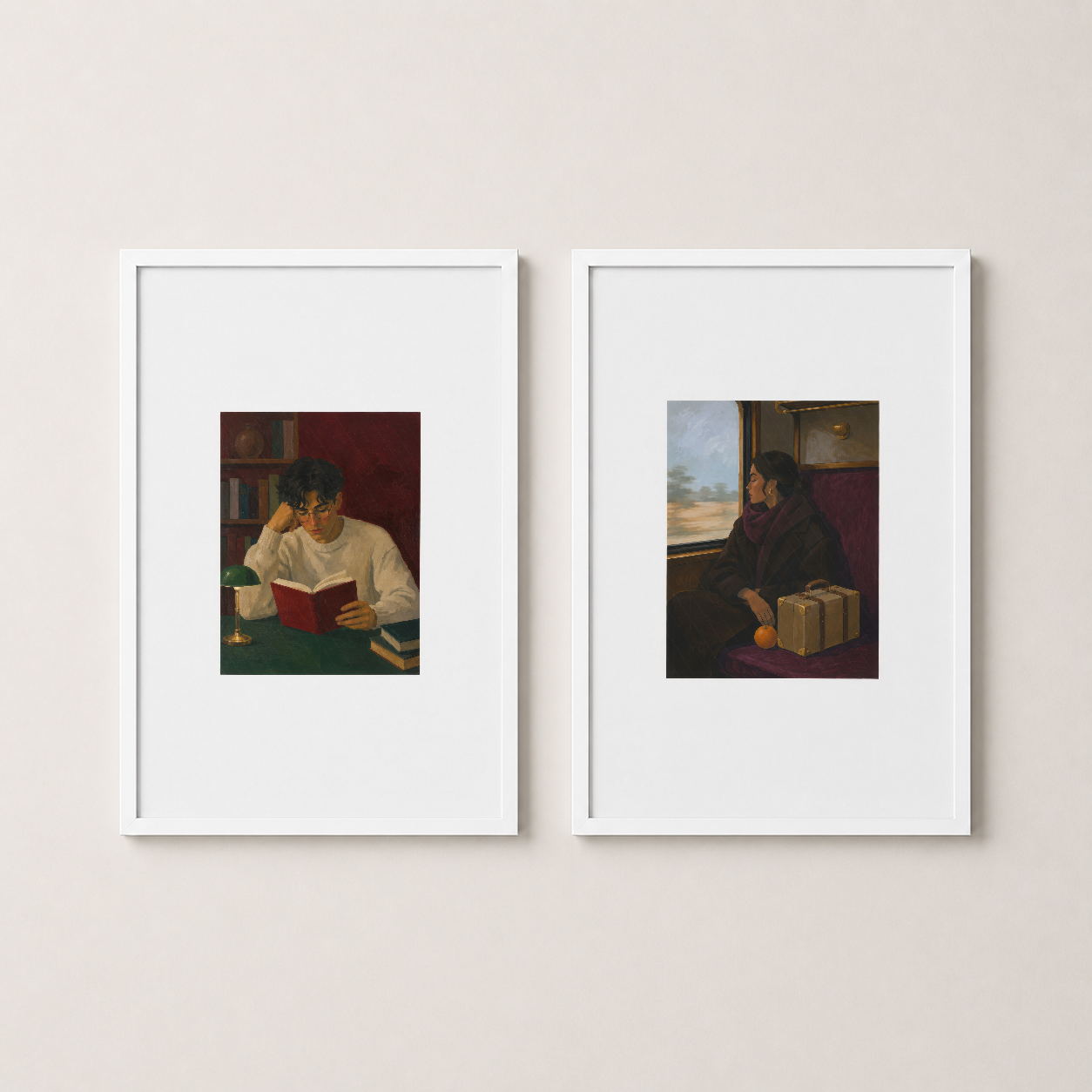 Beyaz çerçeveli minimalist tablo çifti, kitap ve yolculuk temasını zarif bir şekilde sunuyor.