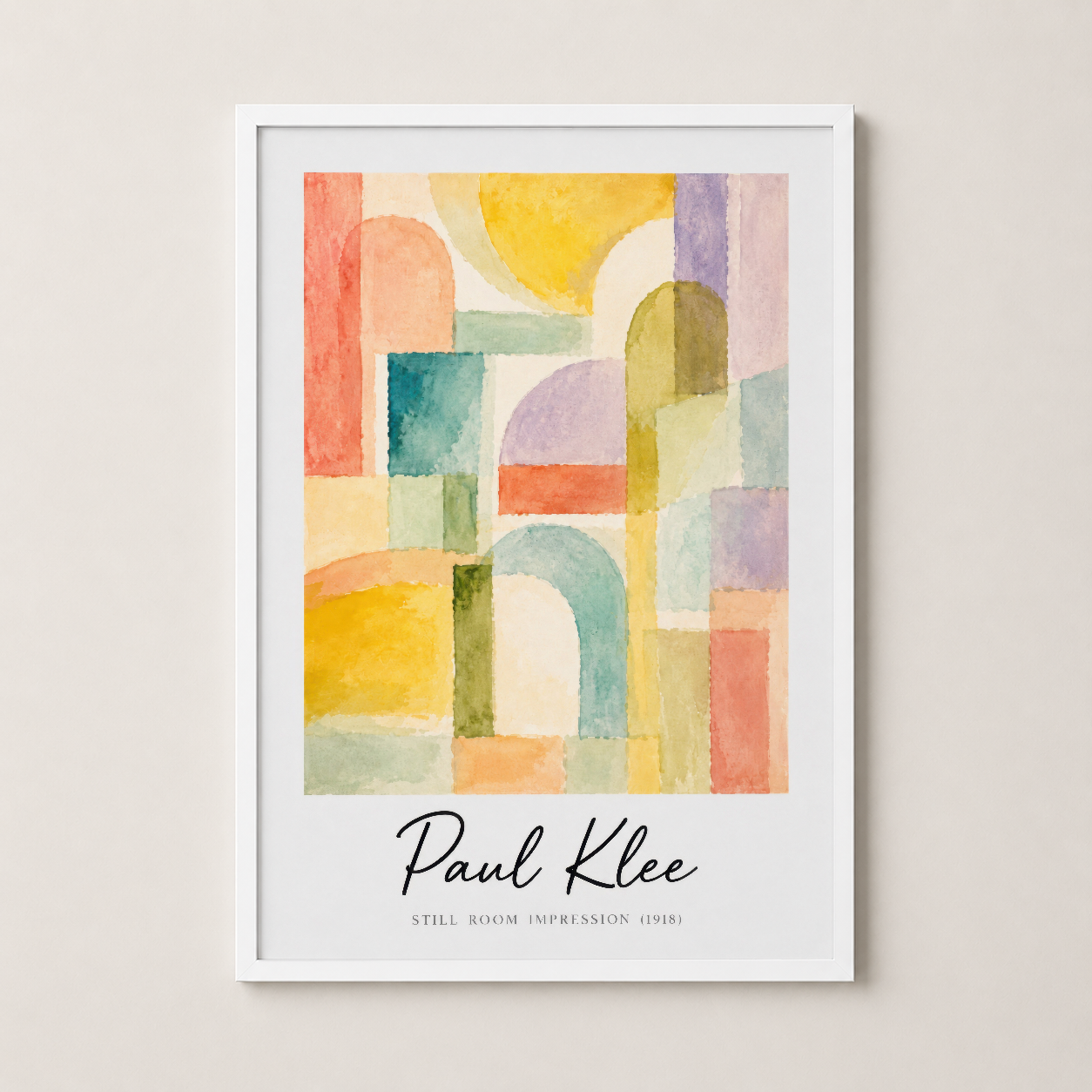 Paul Klee Hala Oda İzlenimi duvar sanatı, beyaz çerçevede pastel tonlarla yapılan geometrik tasarım