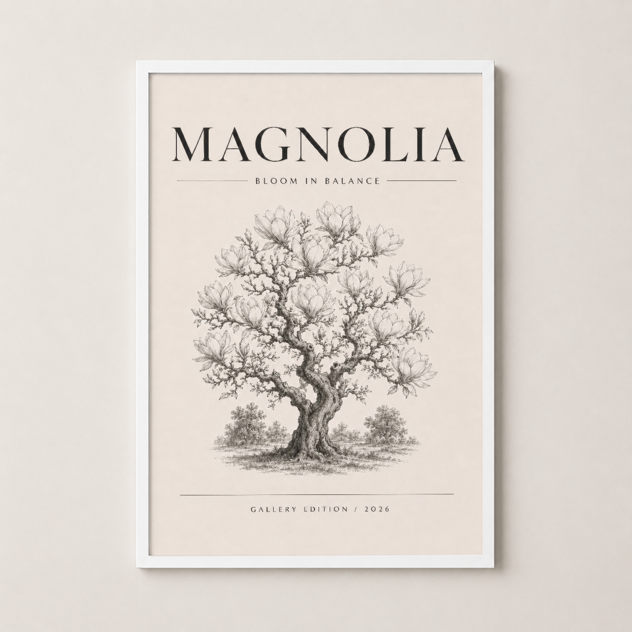 Beyaz ahşap çerçevede Magnolia ağacı illüstrasyonu, aydınlık ve temiz bir görünüm sunar.