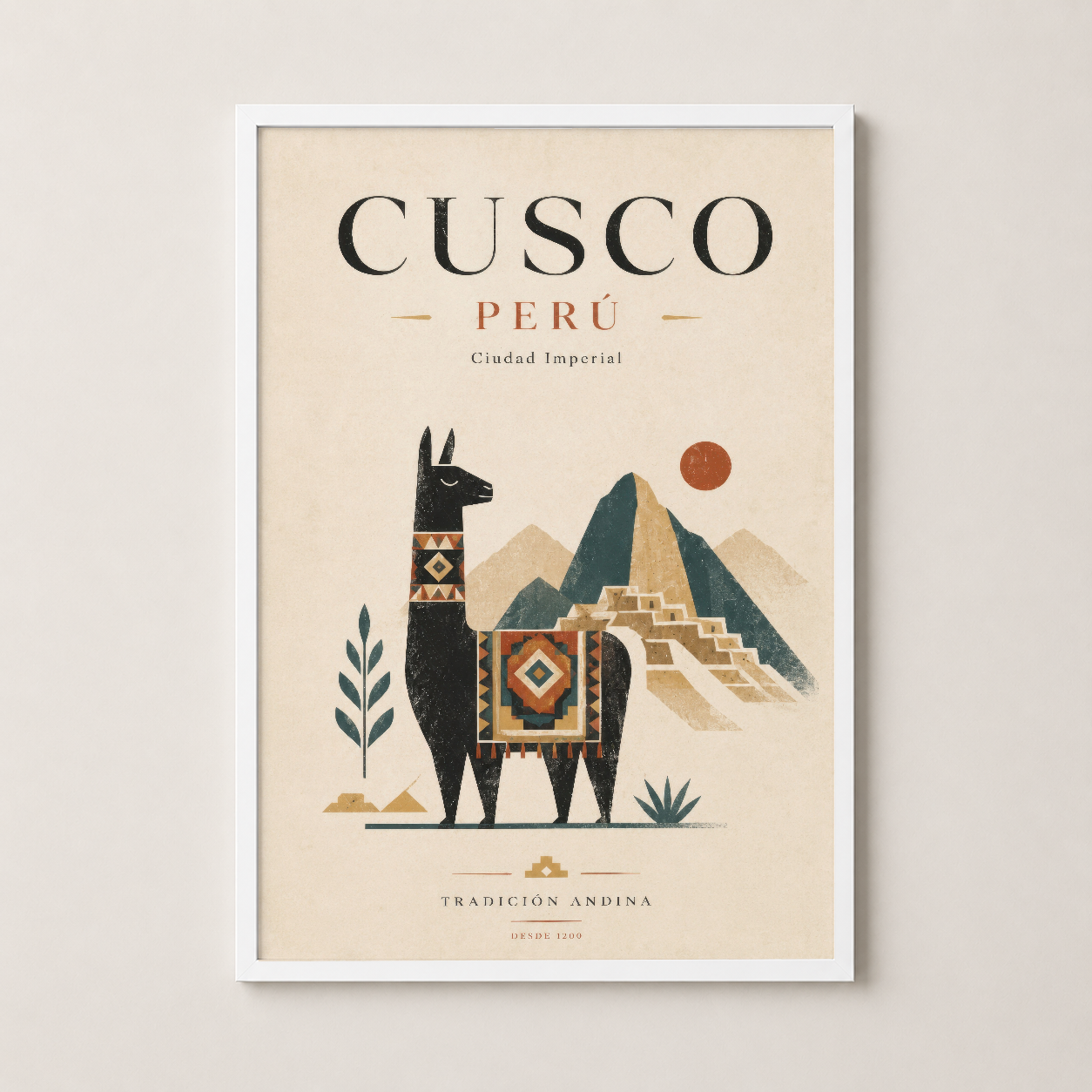 Cusco Perú tablosu beyaz çerçevede, lama figürü ve inca mimarisiyle etnik ilham sanat eseri.