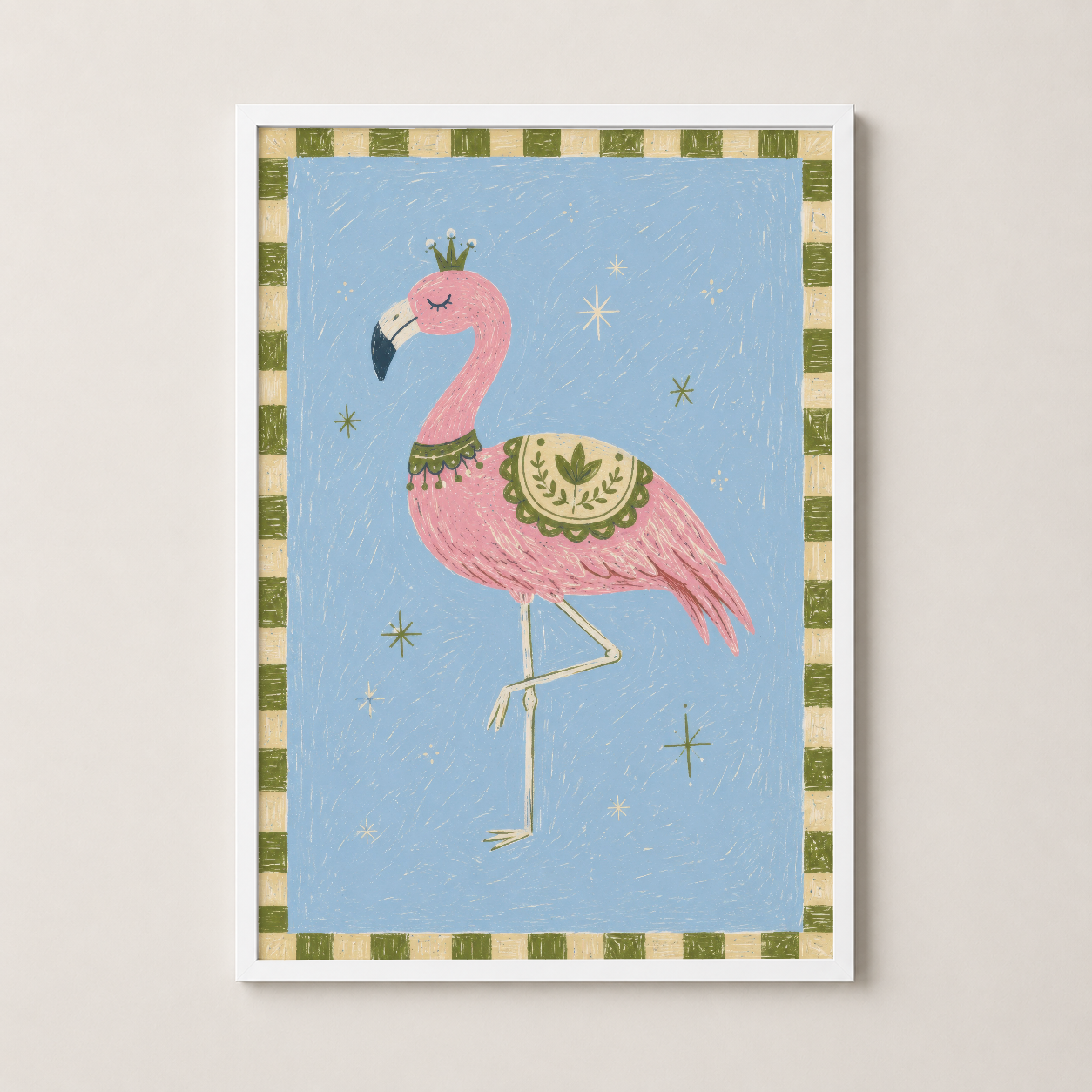 Beyaz çerçevede, çizgisel tarzda pembe flamingo illustration, altın yıldız ve mavi gökyüzü arka planı.
