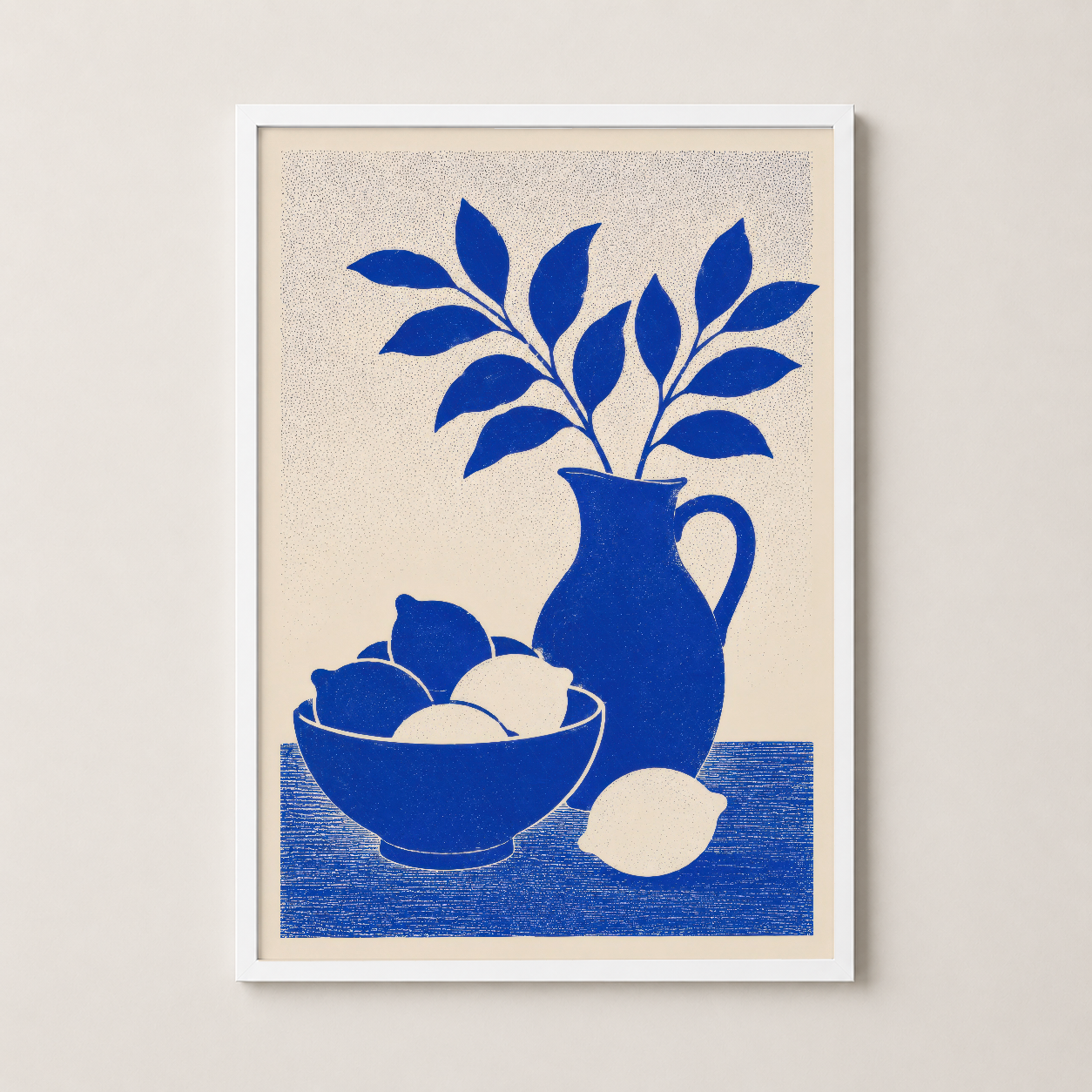 Beyaz çerçeveli, stilize vazo ve meyve tasarımlı kontrastlı poster.