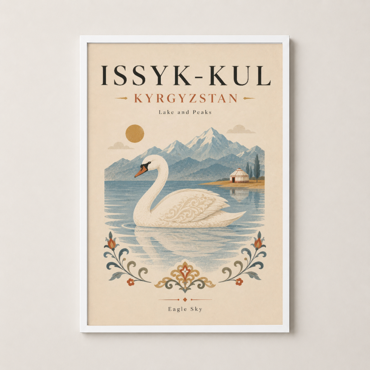 Beyaz çerçeveli Issyk-Kul tablosu; dağlı manzara ve kuğu figürü ile klasik retro poster tasarımı.