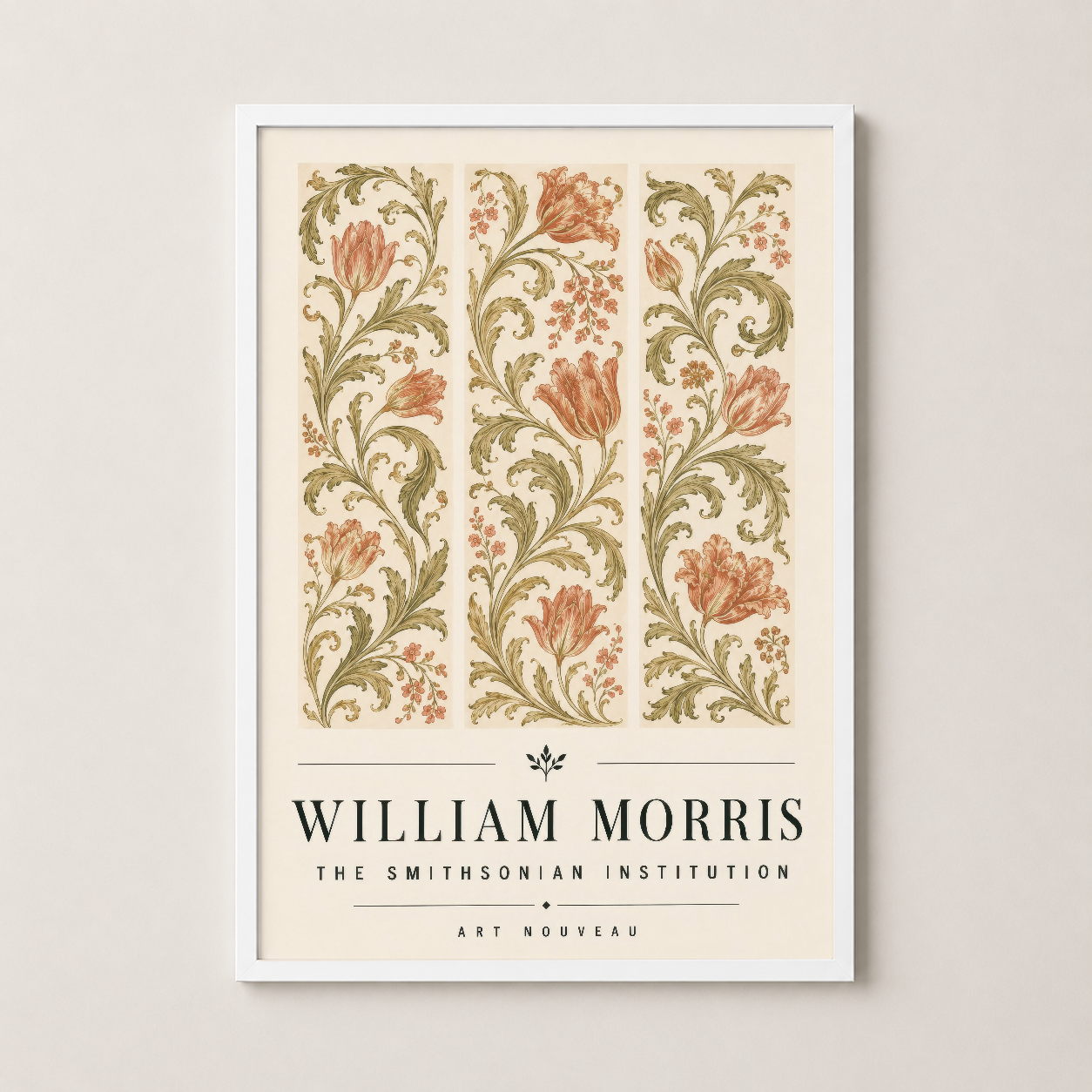 Art Nouveau çiçek deseni taşıyan William Morris tablosu beyaz çerçeve içinde, şık dekor çözümü.