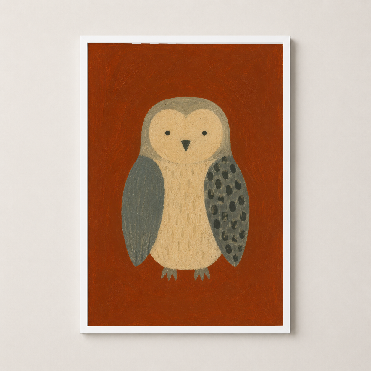 Beyaz çerçeveli, minimalist dekorasyona uyum sağlayan baykuş temalı duvar posteri.