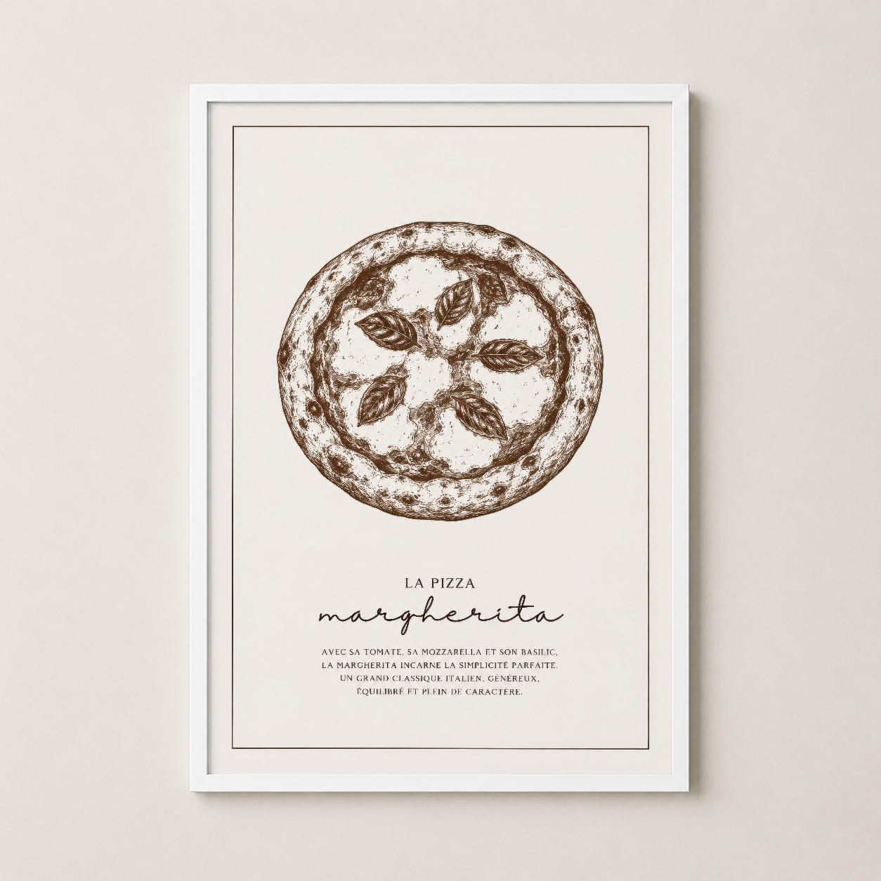 Pizza Margherita duvar sanatı, beyaz çerçeveli, vintage tarzda kahverengi mürekkep ile işlenmiş lezzetli tasarım.