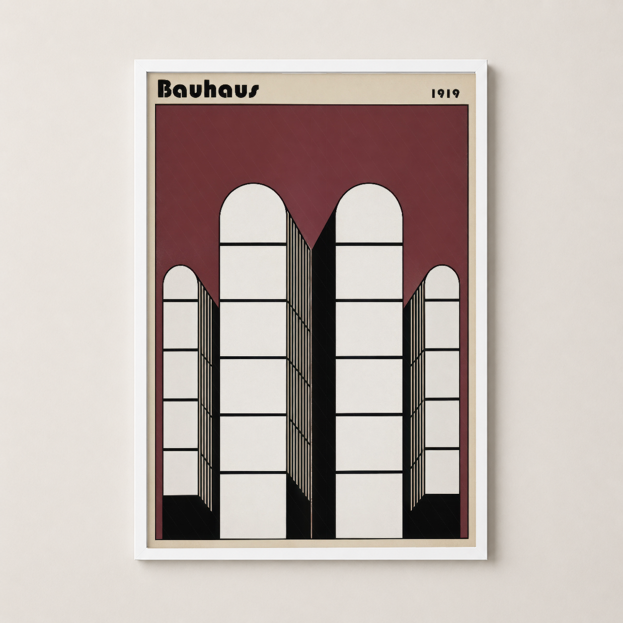Beyaz ahşap çerçeveli Bauhaus sanat baskısı, minimalist mimari geometriyi ve zarif tasarımı vurgulayan poster.