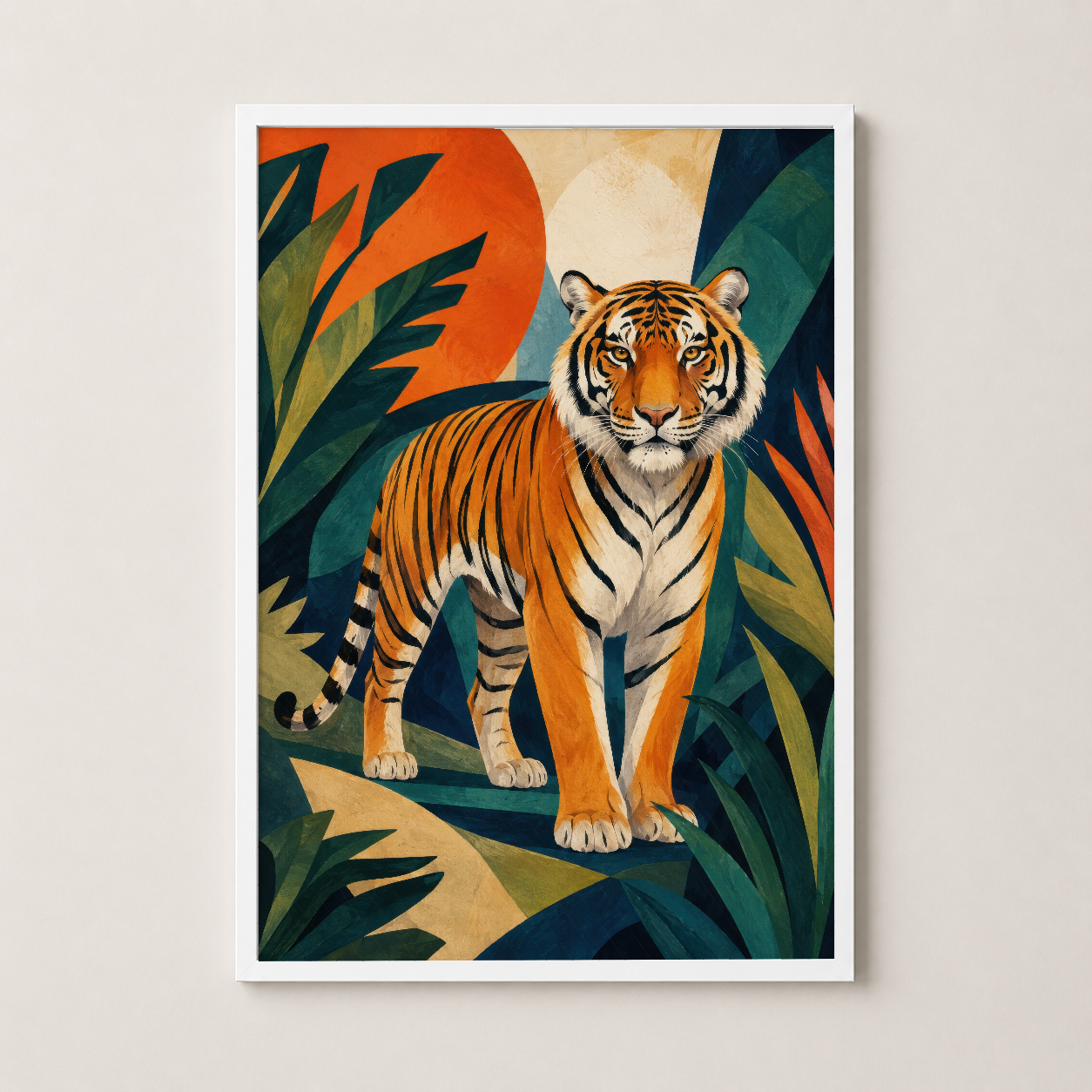 Beyaz çerçeveli poster, tropikal kaplan temasıyla çağdaş ve minimalist odalar için mükemmel uyum sağlar.
