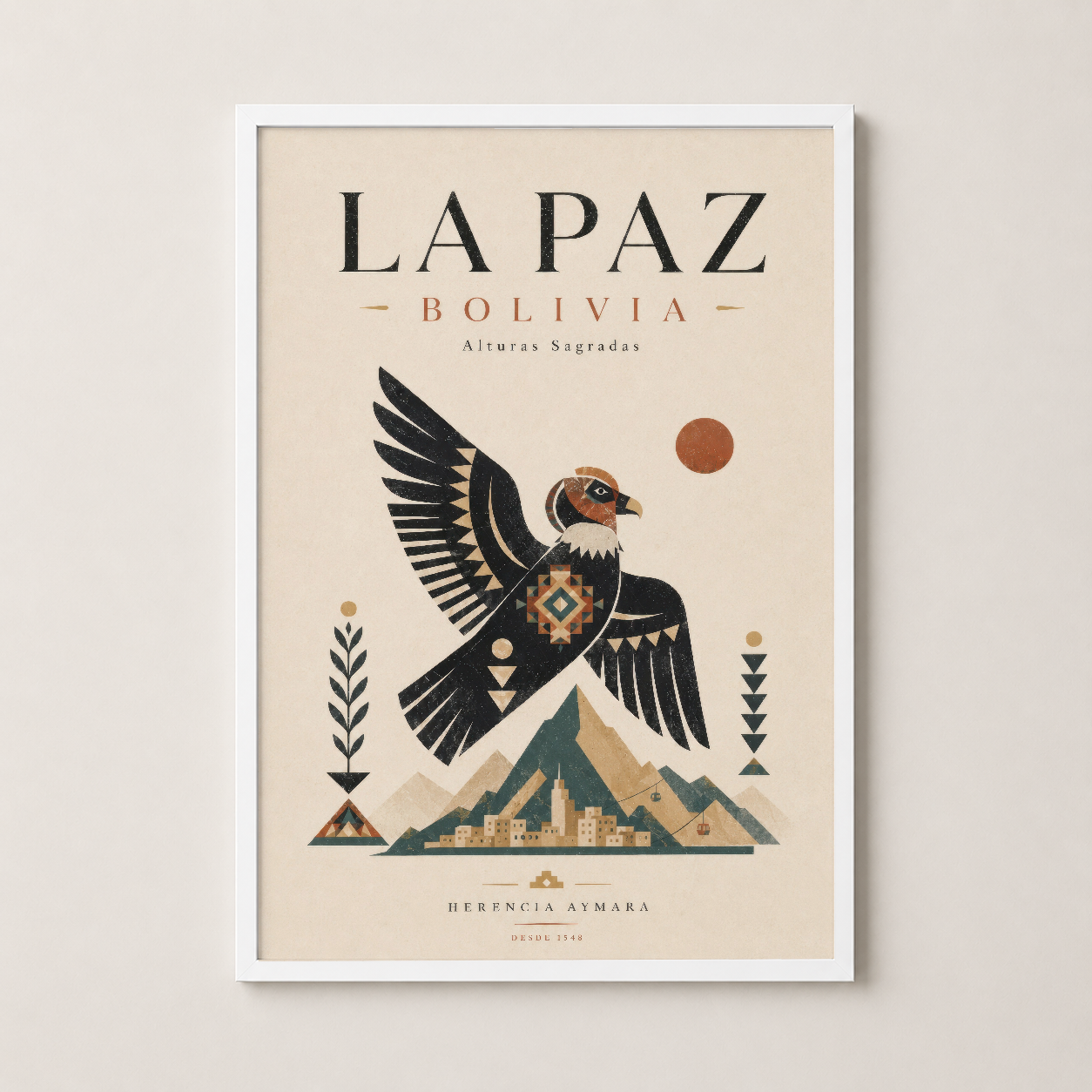 La Paz Bolivia posterinin beyaz çerçeveli versiyonu, açık iç mekanlara uygun tasarım.