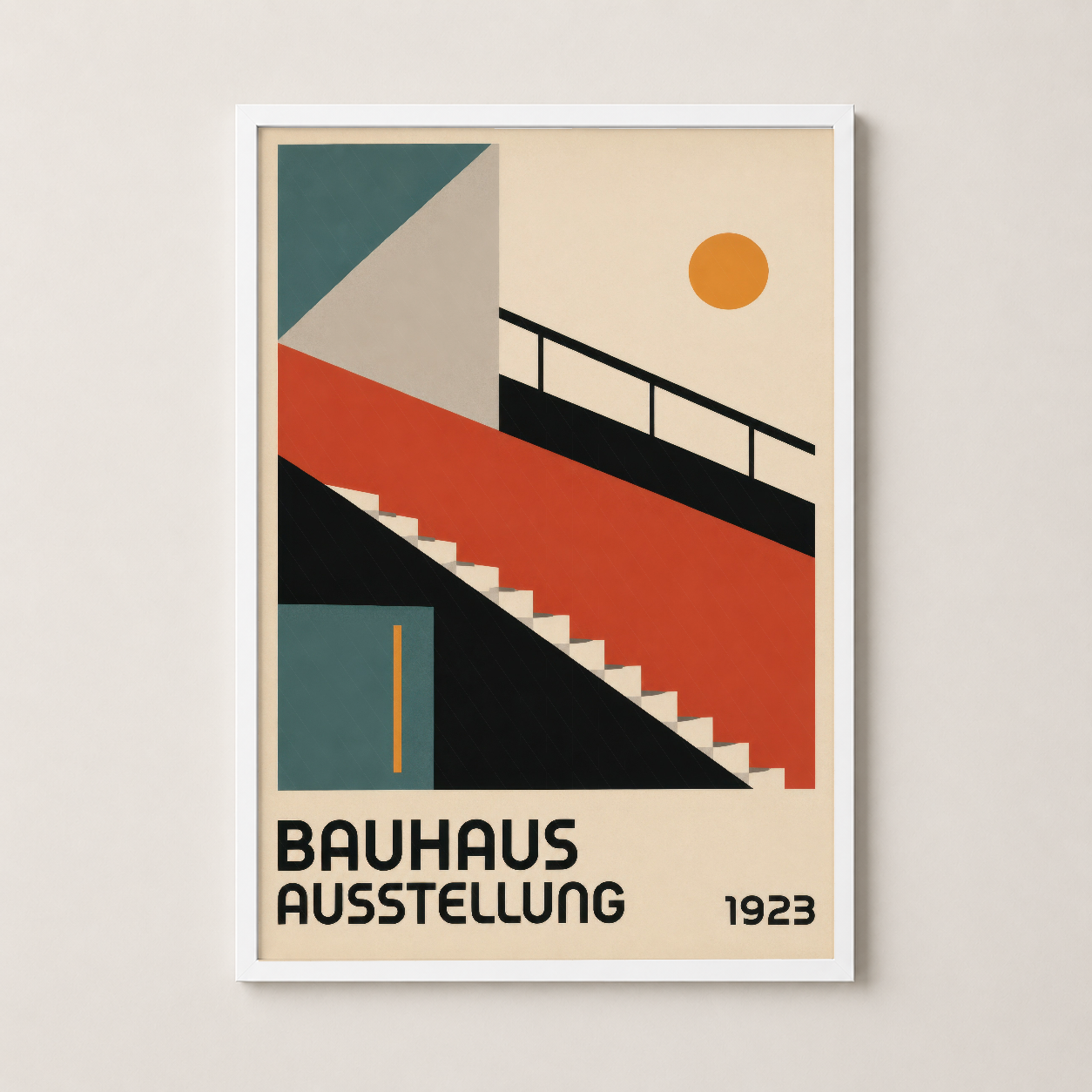 Beyaz çerçeveli Bauhaus Ausstellung posteri, 1923 tasarımı mimari tema ile contemporary dekor için ideal.